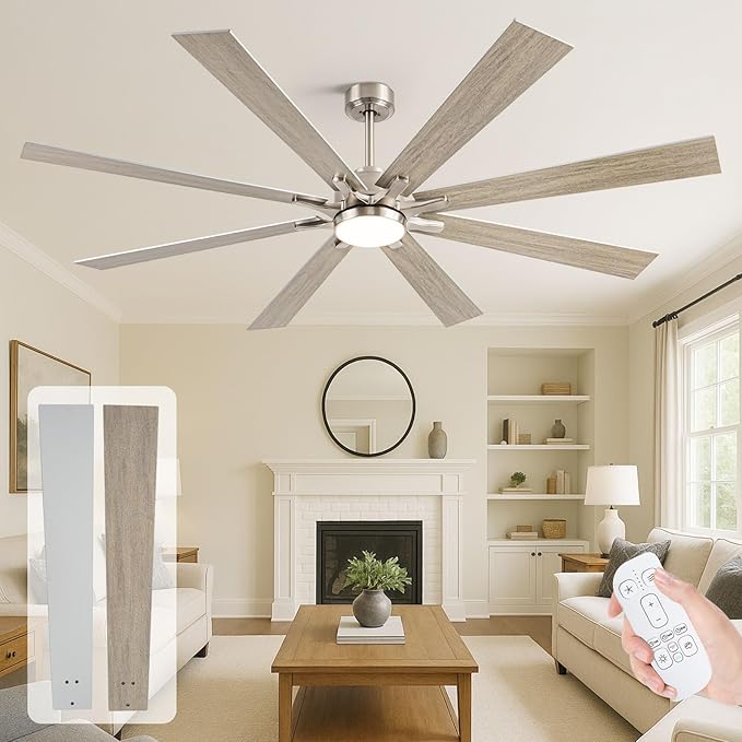 72" Outdoor Ceiling Fans for Patios with Light, Large Modern Industrial Ceiling Fan with Quiet Reversible DC Motor, High CFM Indoor Exterior Ceiling Fan for Garage Office Outside Shop, Nickel & Oak