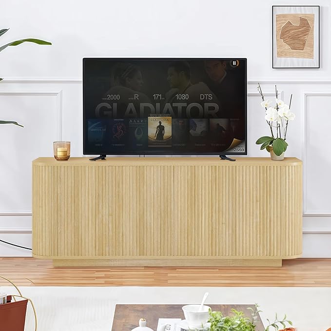 64" Buffet Sideboard Cabinet with Storage, Modern Fluted Accent Credenza with Adjustable Shelves, Wood Coffee Bar Console Table for Living Room Kitchen Dining Room Hallway, Natural