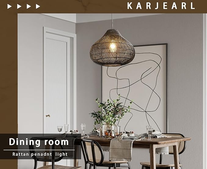 Karjear Black Rattan Chandelier, 16.5 inch Large Wicker Pendant Lights Fixture Hand-Woven Basket Hanging Light for Dining Room Kitchen Island Living Room