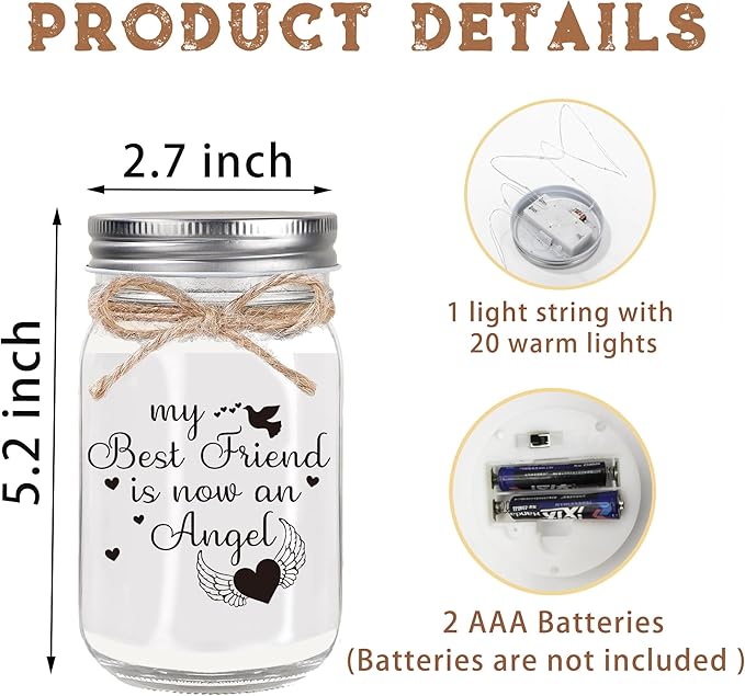 Memorial Gifts Mason Jar Light, Loss of Best Friend, in Memory of BFF, Angel Friend, Heart and Wings, Thoughtful Sympathy, Remembrance Gift