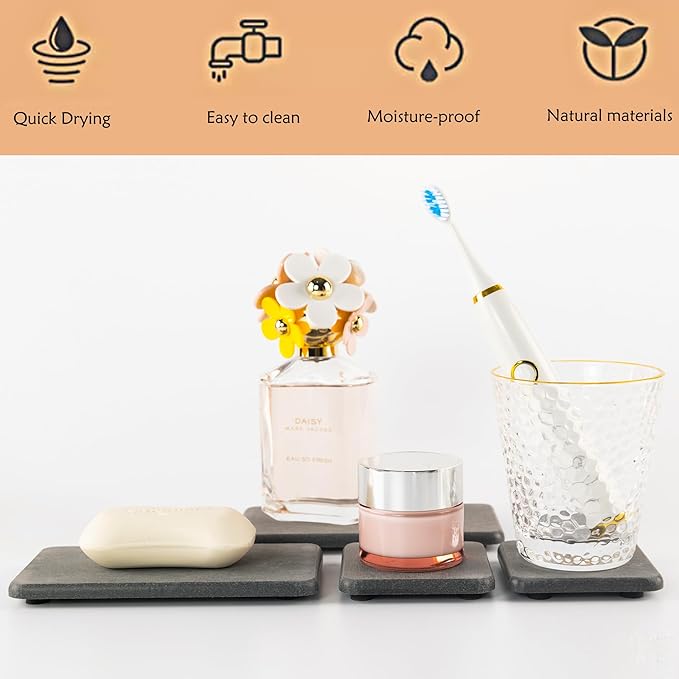Set of 4 Water Absorbent Diatomite Coasters, Diatomaceous Earth Kitchen Soap Dish, Bathroom Trays, Water Absorbing Stone Used for Hand Soaps & Plants & Toiletries in The Modern Home