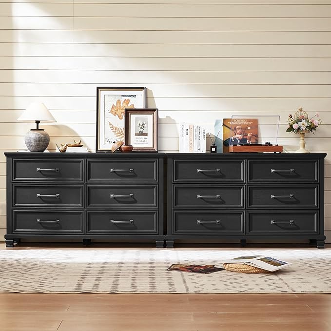 Farmhouse Black 6 Drawer Dresser for Bedroom, 54 inch Wide Vintage Large Chest of Drawers with Square Wood Legs, Rustic TV Console for Living Room, Wooden Storage Closet Dressers for Home