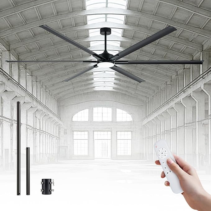 100 Inch HVLS Ceiling Fan with 6 Black Aluminum Blades,High CFM Ceiling Fan with Dimmable Light,24"/36" Downrod,Extension Coupler,6 Speed,Noiseless DC Motor Outdoor Covered Gym,Shop,Warehouse,Barn