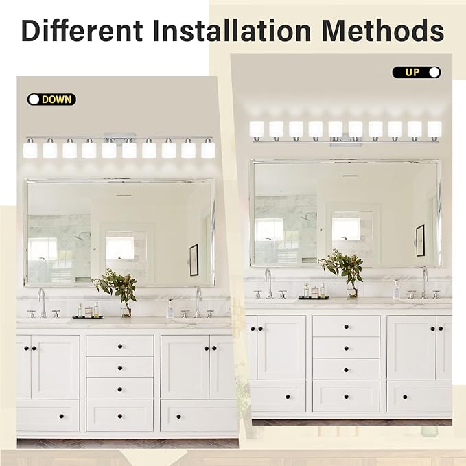 Brushed Nickel Bathroom Vanity Light for Giant Mirror, 10 Light Brushed Nickel Vanity Lights, 65 inch Wall Lamps for Bedroom for Mirrors with Milky White Frosted Glass Shades, E26