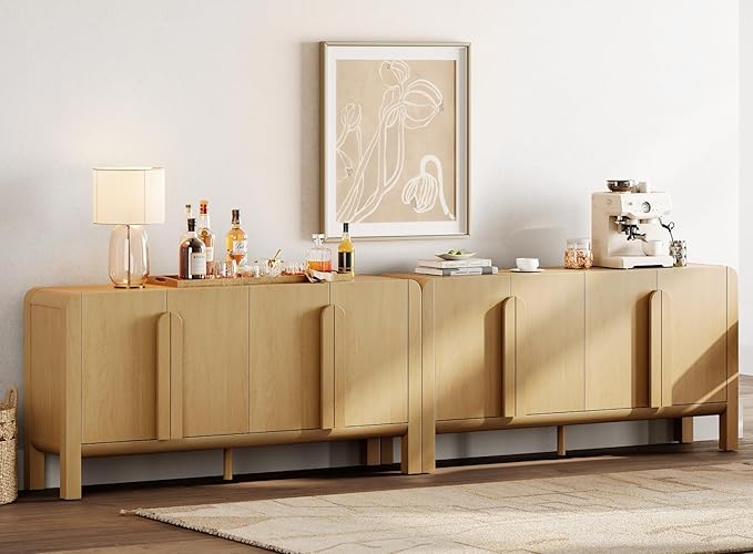 WAMPAT 126" W Large Buffet Sideboard Cabinet with Storages, Modern Buffet Table Coffee Bar Wine Bar Storage Curved Cabinet with 4 Doors for Dining Room, Living Room, Kitchen,Oak