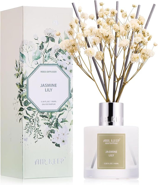 Airkeep Reed Diffuser Set, 3.38 fl oz (100 ml) - Jasmine Lily Lemon Oil Diffusers with 8 Reed Sticks, Home Fragrance Reed Diffuser for Bathroom Shelf Decor