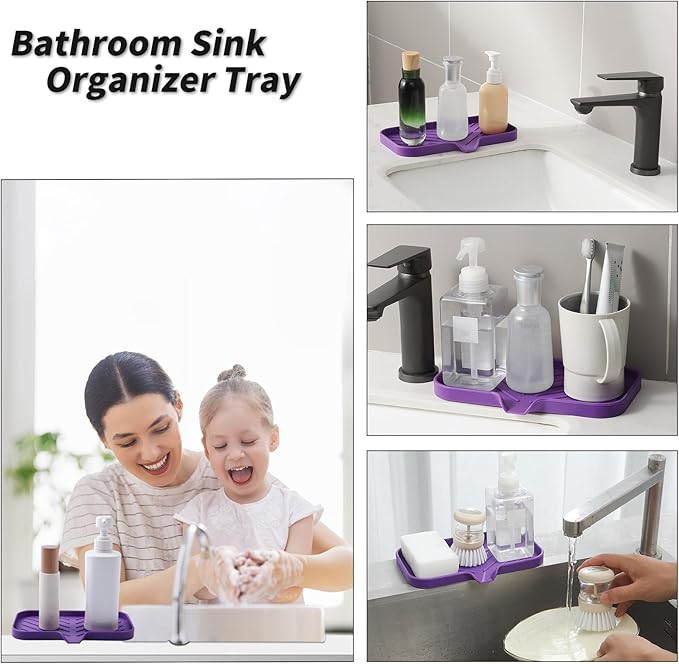Silicone Bathroom Soap Dishes with Drain Spout-Bathroom and Kitchen Sink Organizer,Sponge Holder,Dish Soap Tray,Perfect for Dispenser,Scrubber,Bottle,Cup on Sink or Counter-Purple 9.6"×5.3"