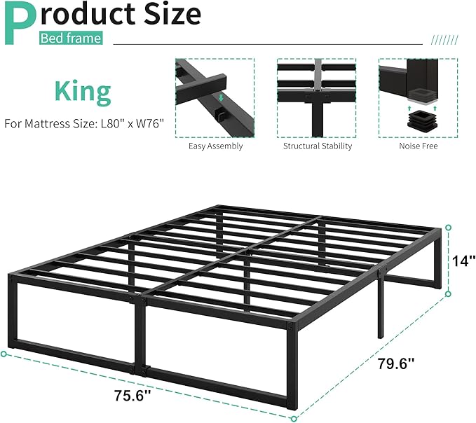 14 Inch King Bed Frame Sturdy Mattress Foundation, Heavy Duty Metal Platform with Steel Slats Support No Box Spring Needed, Noise Free, Easy Assembly, Black