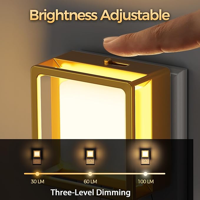 DORESshop Night Light, Night Lights Plug into Wall,2 Pack 3000K LED Nightlight with Adjustable Brightness, Automatic Night Light Plug in with Light Sensor for Bathroom Hallway Room Decor, Gold