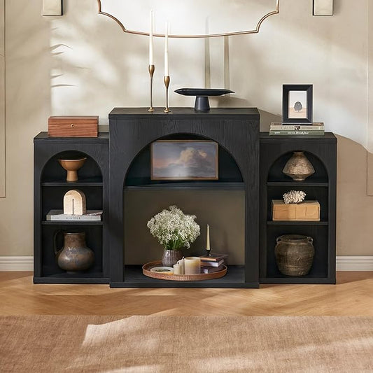 mopio Blake 59" Arched TV Stand for 32/42/55/60/65 Inch TVs, Fireplace Mantel, Modular Side Storage Shelves, Entertainment Center for Living Room, TV Table Credenza, Media Console (Black, No Insert)