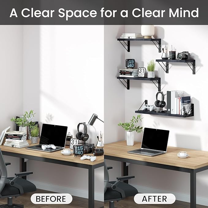 BAYKA Wall Mounted Floating Shelves, Wood Floating Wall Shelf for Books & Decor, Small Space-Saving Display & Organizer（Black，Set of 4）