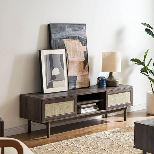 mopio Haylee TV Stand, Modern Farmhouse Television Stand for 55/60/65 inch TV, Natural Rattan Boho Entertainment Center with Storage, Media Console Credenza Table for Living Room, Bedroom (Walnut 59")