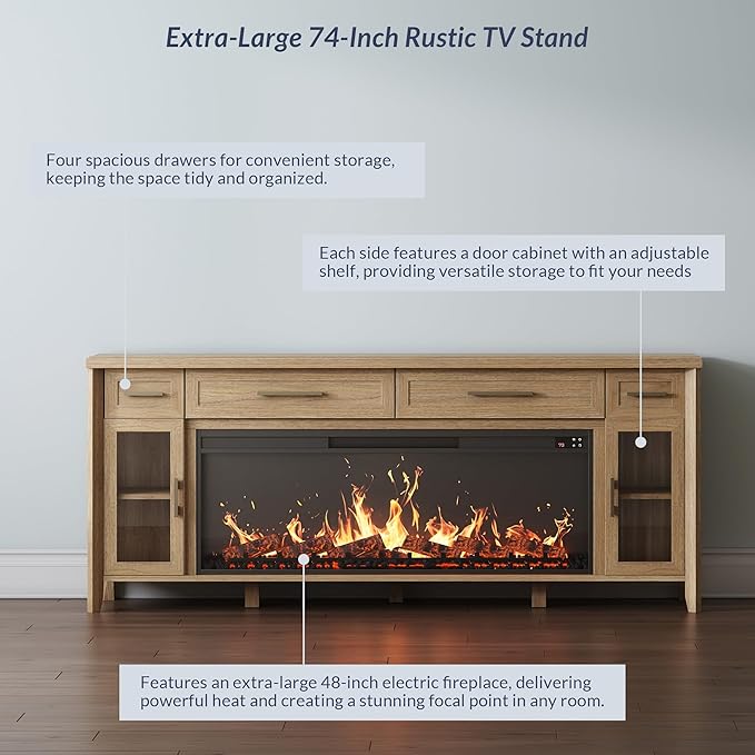 BELLEZE 74 Inch Rustic TV Stand with 48" Electric Fireplace, Extra Large Entertainment Center with Storage Cabinets & 4 Drawers, Media Console Table for Living Room Bedroom (Camel)