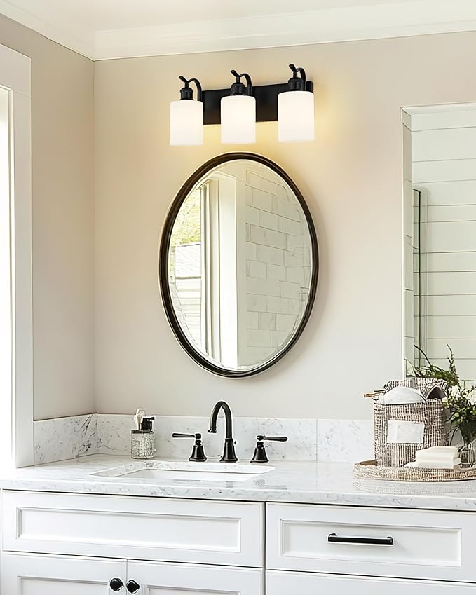 Black Vanity Light, 3-Light Bathroom Light Fixture, Modern Wall Sconce with Milk Glass, VL01BKW-3