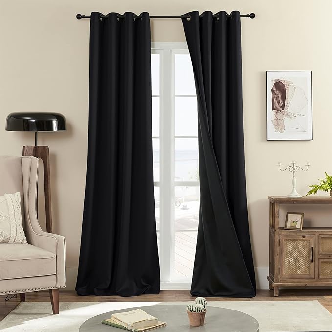 100% Blackout 340 GSM Curtains , 102 inches 2 panel sets, Heat and Full light Blocking Drapes with Grommets for Bedroom, Thermal Insulated Window Treatment Drapes for Living Room (Black,52x102inch)