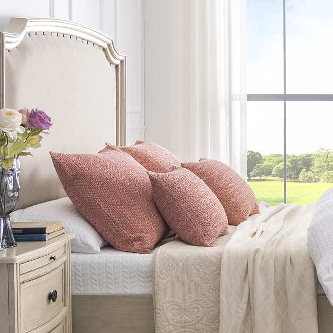 1pc 26x26 Pillow Cover Boho Euro Sham Decorative Throw Pillow Covers Cotton Large Square Pillowcase for Couch Bed, Coral Pink