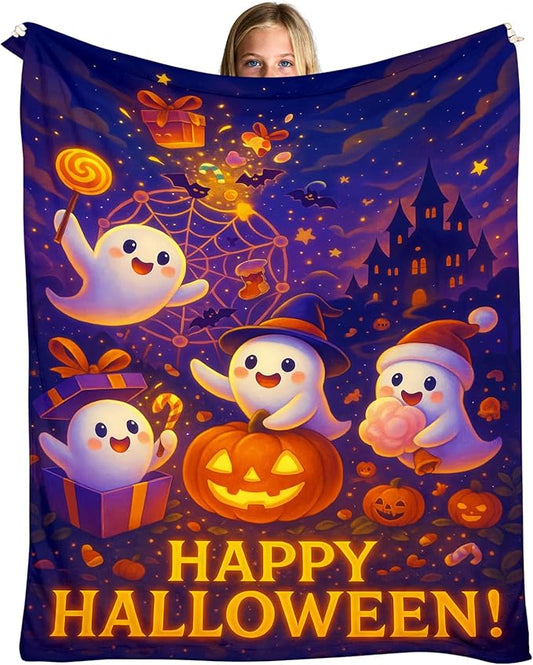 Halloween Blanket 60"x50" – Soft Flannel Pumpkin Ghost Throw Blanket, Cute Spooky Fall Decor for Kids, Women, Halloween Parties, Cozy Autumn Home Decoration for Couch, Sofa & Bed