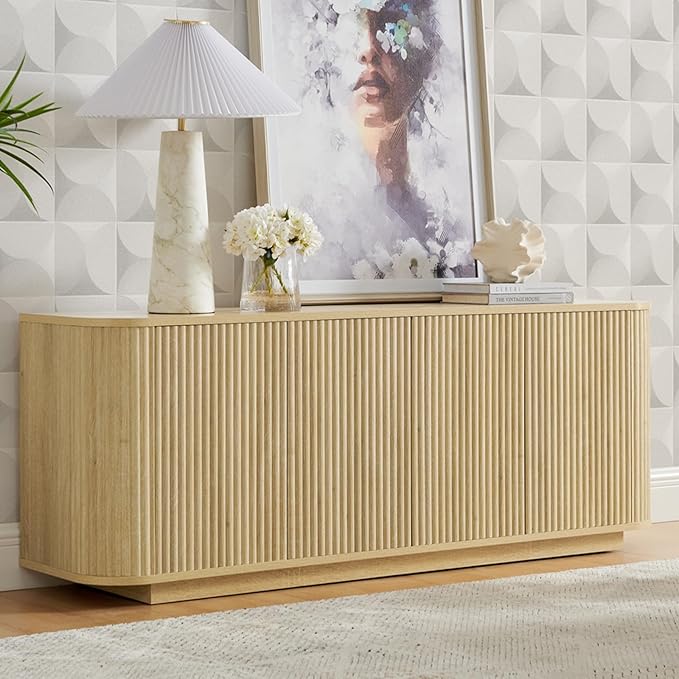 64" Buffet Sideboard Cabinet with Storage, Modern Fluted Accent Credenza with Adjustable Shelves, Wood Coffee Bar Console Table for Living Room Kitchen Dining Room Hallway, Natural