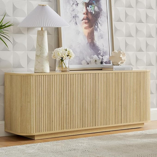 64" Buffet Sideboard Cabinet with Storage, Modern Fluted Accent Credenza with Adjustable Shelves, Wood Coffee Bar Console Table for Living Room Kitchen Dining Room Hallway, Natural