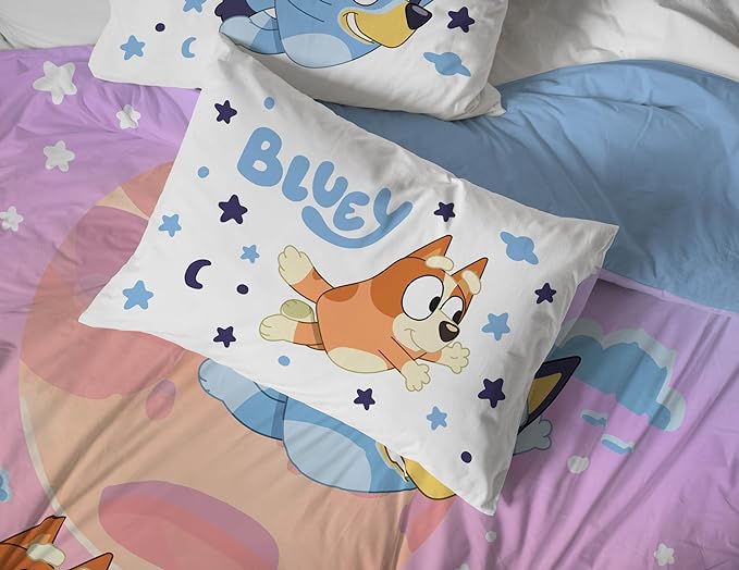 Jay Franco Bluey & Bingo Full Comforter Set - 7 Piece Bed Set Includes Sheet Set & Pillow Covers - Super Soft Clouds & Stars Kids Bedding