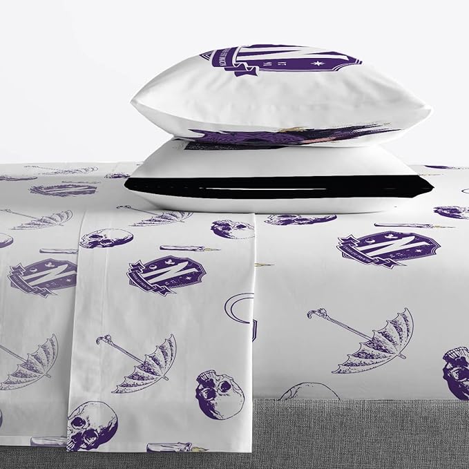 Jay Franco Wednesday Addams Queen Comforter Set - 7 Piece Bedding Includes Sheet Set & Pillow Covers - Black and Grey Stripes Super Soft Kids Bedding