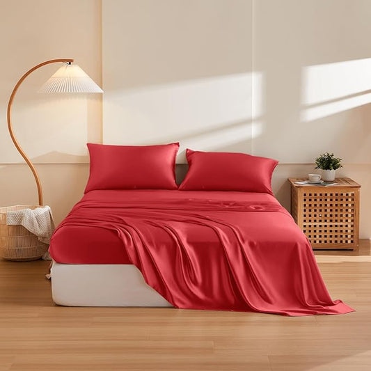 THXSILK Silk Sheet Set 4Pcs, 6A+ Top Grade 100% Pure Mulberry Silk Bed Sheets Ultra Soft Durable Luxury Bedding Sets Cooling, 1 Fitted Sheet, 1 Flat Sheet and 2 Pillowcases (Twin-XL, Red)