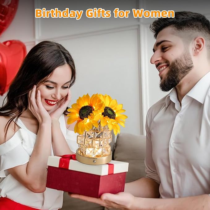 Birthday Gifts for Women,Sunflower Flower Touch Lamp,Rechargeable Cordless 3-Colour Dimming Small Night Light for Festival,Restaurant,Bedroom Housewarming Gifts for Mom