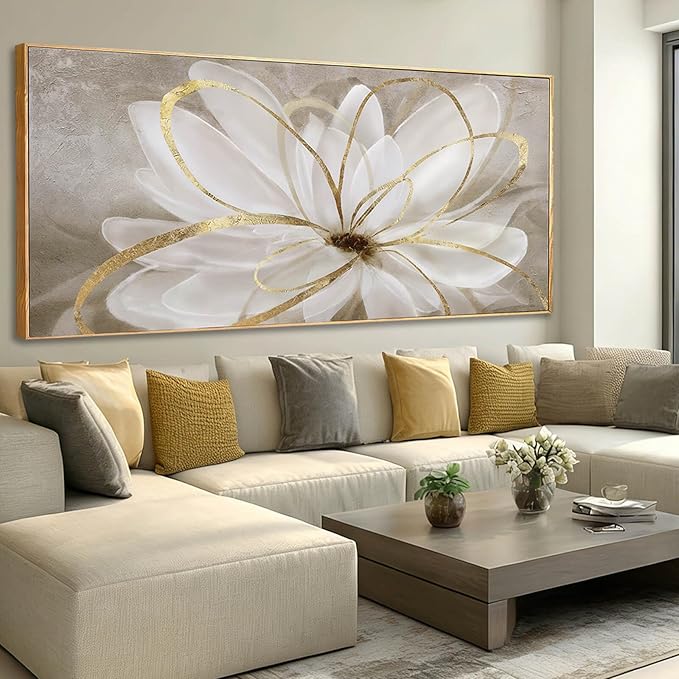 SOUGUAN White Floral Wall Art Line Wall Decor Vintage Canvas Painting 40"x86" Artwork for Bedroom Large Pictures for Dining Room