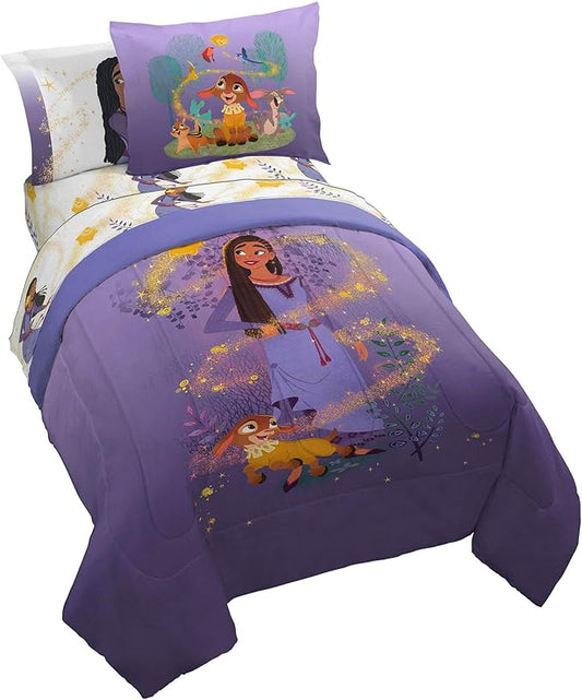 Disney Wish Full Comforter Set - 7 Piece Bed Set Includes Sheet Set & Pillow Covers - Super Soft Kids Bedding Features Asha, Valentino & Star