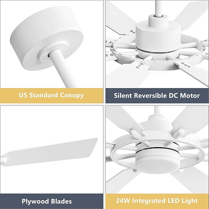 ELEHINSER 60 Inch Ceiling Fan with Lights and Remote Control, 8 Plywood Blades, 6-Speed Noiseless Reversible DC Motor, 3CCT, Windmill Ceiling fan for Kitchen Bedroom Living Room, Gloss White