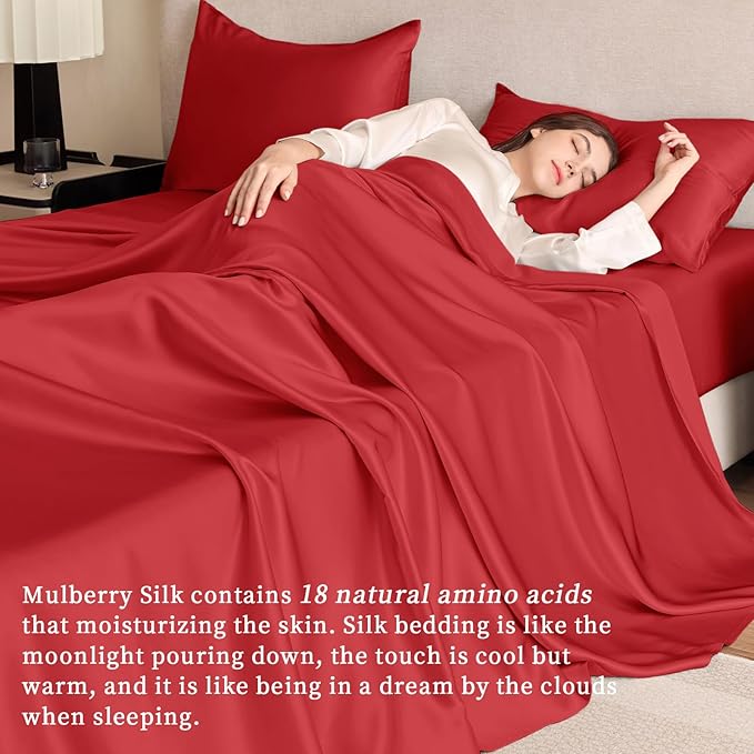 THXSILK Silk Sheet Set 5Pcs, 6A+ Top Grade 100% Pure Mulberry Silk Bed Sheets, Cooling Ultra Soft Durable Luxury Bedding Sets, 2 Fitted Sheet, 1 Flat Sheet and 2 Pillowcases (Split King, Red)