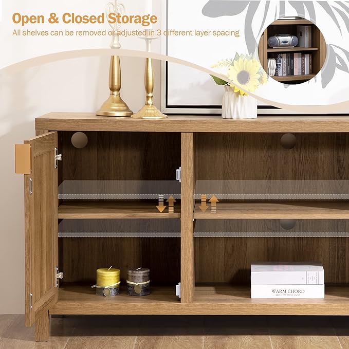 SICOTAS TV Stand for Living Room : Rattan TV Console Cabinet with Storage and Shelf, Boho Entertainment Center, 59" Media Console for 55, 65 Inch TV, 26" Tall Television Stands, Oak