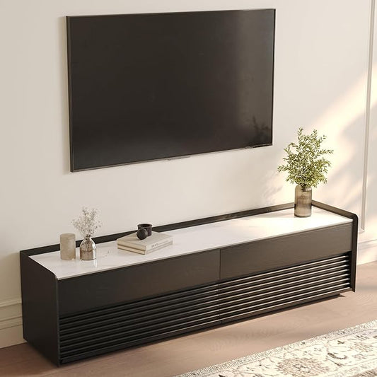 POVISON Fully-Assembled Mid Century Glossy Sintered Stone TV Stand, 70.87" Wood Media Console with Adjustable LED Light, Entertainment Center with Storage for Living Room