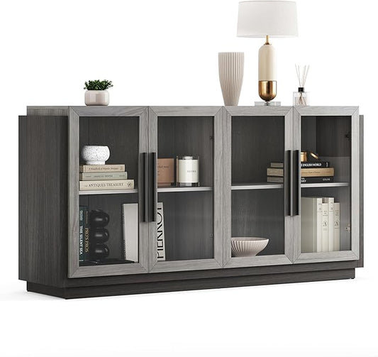 BELLEZE Sideboard Buffet Cabinet, Modern Wood Glass-Buffet-Sideboard with Storage, Console Table for Kitchen, Dining Room, Living Room, Hallway, or Entrance - Brixston (Grey)