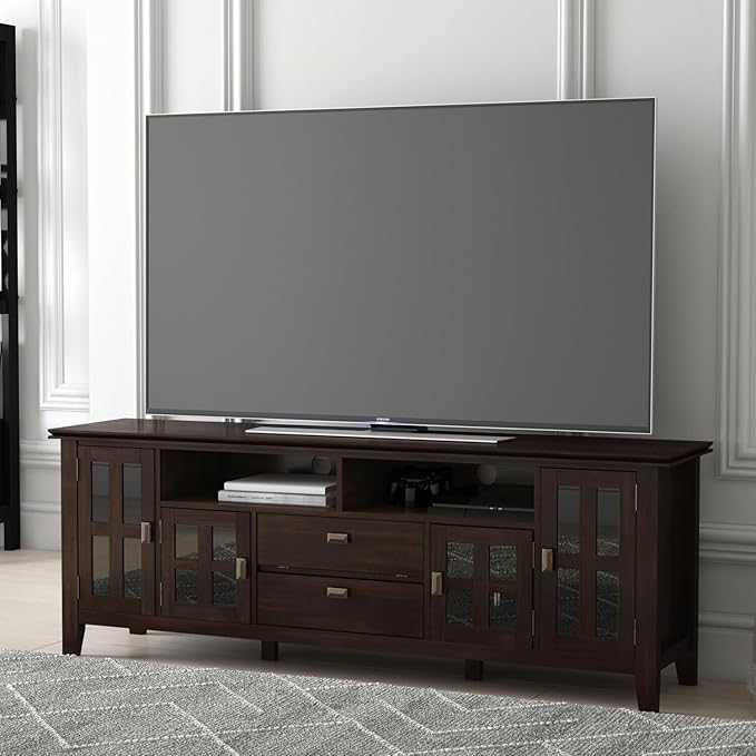 SIMPLIHOME Artisan SOLID WOOD 72 inch Wide Contemporary TV Media Stand in Farmhouse Grey For TVs up to 80 inches for the Living Room and Entertainment Center