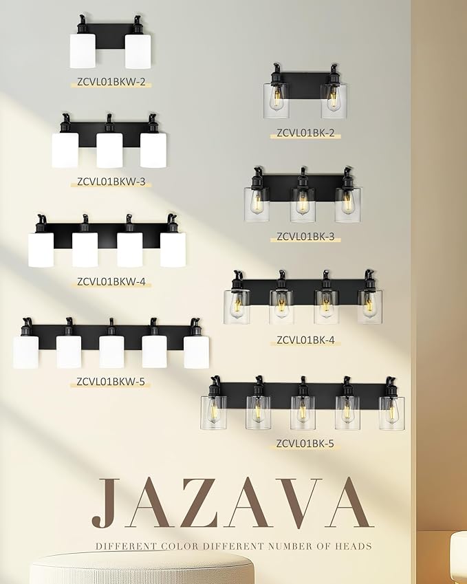 5 Light Bathroom Vanity Light, Morden Black Vanity Light Bathroom Lighting Fixtures Over Mirror Black Wall Sconces with Milky White Frosted Shade ZCVL01BKW-5