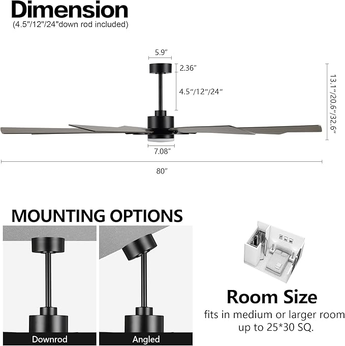 ELEHINSER 80 Inch Ceiling Fan with Lights and 3 Downrods, 8 Plywood Blades, 6-Speed Noiseless Reversible DC Motor, 3CCT, Windmill Ceiling fan for Kitchen Bedroom Living Room, Black and Grey
