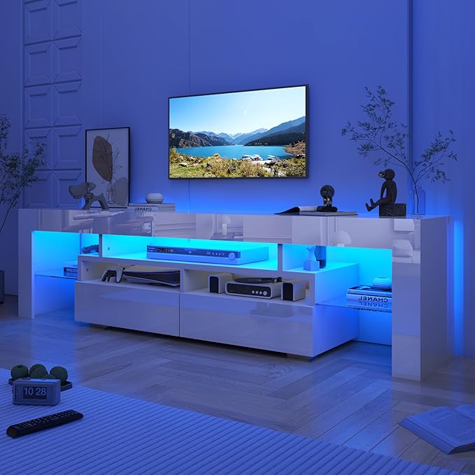 TV Stand with 16 Color LED Lights, Media Console with Drawer and Glass Open Shelf for 65/75/85 inch TV, Modern Gloss Entertainment Center for Living Room Bedroom, White