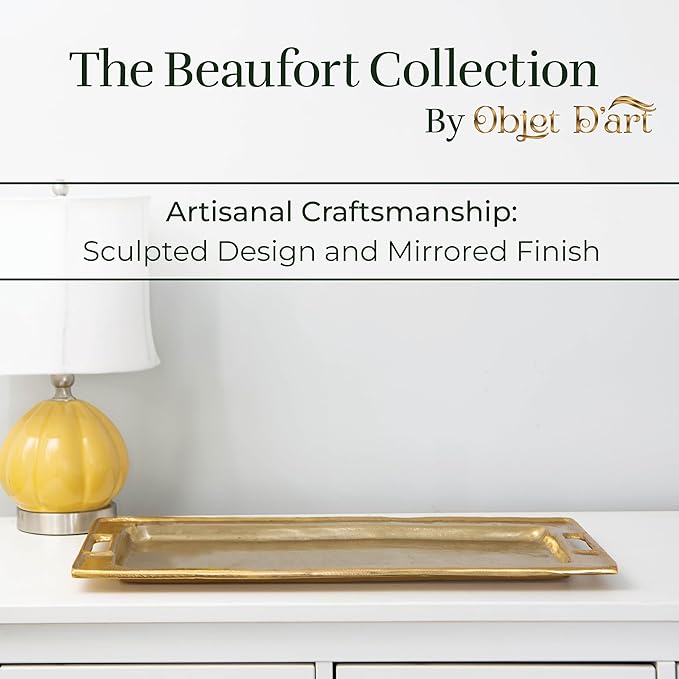 Decorative Gold Trays by Objet D’Art, Beaufort Rectangular Bar Tray for Living Room, Ottoman and Coffee Table, Set of 2 Trays for Candles, Liquor, and Centerpieces