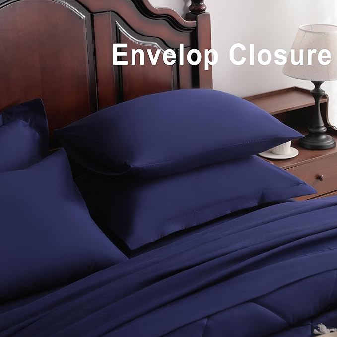 NTBAY Queen Comforter Set with Sheets, 7 Pieces Soft and Breathable Queen Bedding Set, Bed in a Bag, Down Alternative Comforter Set Solid Color All Season, Queen Bedding Set, Navy Blue