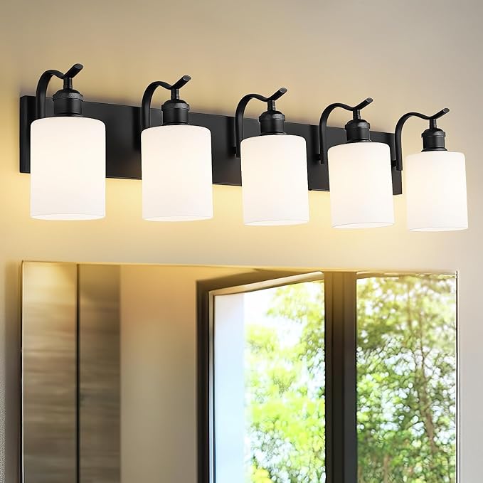 5 Light Bathroom Vanity Light, Morden Black Vanity Light Bathroom Lighting Fixtures Over Mirror Black Wall Sconces with Milky White Frosted Shade ZCVL01BKW-5