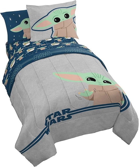 Jay Franco Star Wars The Mandalorian Hello Grogu 5 Piece Twin Size Bed Set - Includes Comforter & Sheet Set - Super Soft Kids Bedding Fade Resistant Microfiber (Official Star Wars Product)