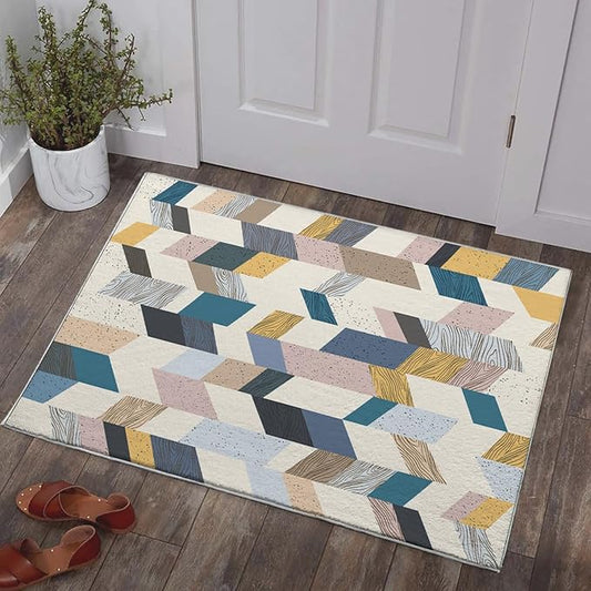 Bathroom Rug 3x5 Entryway Geometric Collage Mat Wooden Floor Texture Modern Area Rug Boho Western Machine Washable Soft Rug Carpet for Entrance Beside Living Room Bedroom Kitchen Office Indoor