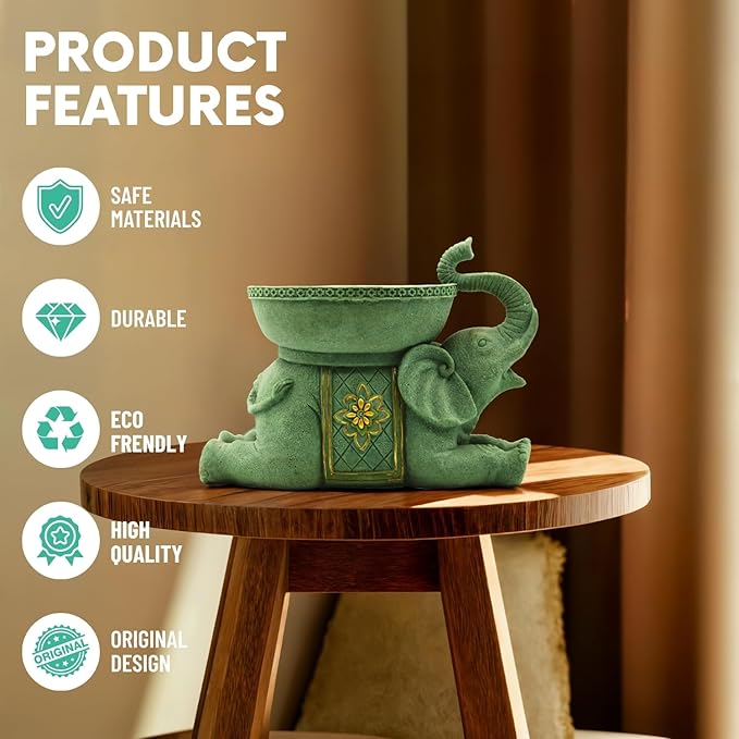 Elephant Decor Resin Sculpture with Tray – Antique Style Animal Figurine for Home, Office, Bookshelf, TV Stand – Unique Gift for Women, Moms, Friends(Green Elephant Tray)