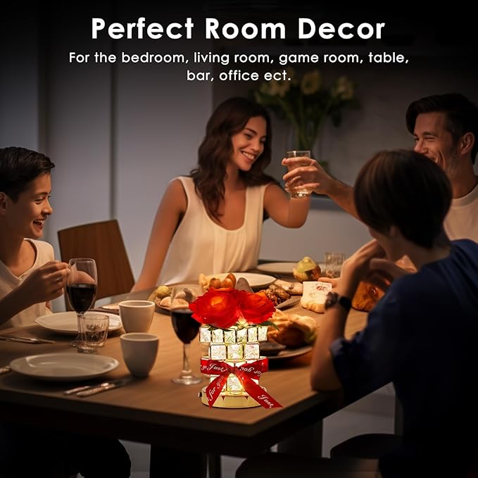 Rose Flower Table Lamp Gifts: for Women/Mother's Day/Mom/Grandma/Sister/Girlfriend, Battery Powered Small Night Light for Kitchen Bedroom Office Decor,Rechargeable Cordless Touch Crystal Lamp