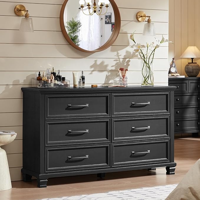 Farmhouse Black 6 Drawer Dresser for Bedroom, 54 inch Wide Vintage Large Chest of Drawers with Square Wood Legs, Rustic TV Console for Living Room, Wooden Storage Closet Dressers for Home
