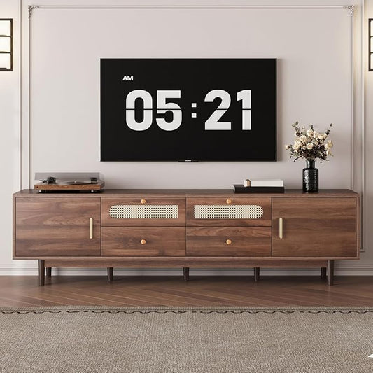 76" Wood TV Stand with Drop-Down Door Cabinet, Modern Entertainment Center with Drawers and Doors, Media TV Console with Woven Rattan, Dark Brown (Dark Brown)