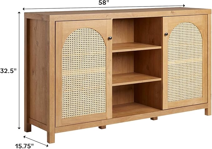 Walker Edison Sasha 2-Door Sideboard Buffet with Arched Rattan Panels, 58 Inch, English Oak