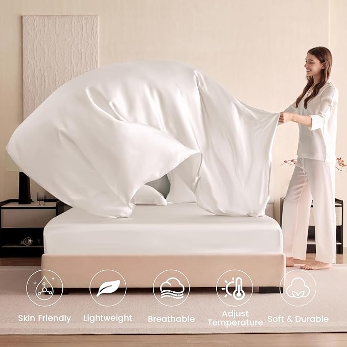 THXSILK Silk Sheet Set 4Pcs, 6A+ Top Grade 100% Pure Mulberry Silk Bed Sheets Ultra Soft Durable Luxury Bedding Sets, 1 Fitted Sheet, 1 Flat Sheet and 2 Pillowcases (Twin-XL, Pearl White)