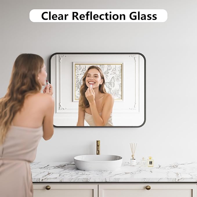 Bathroom Mirror, 28X36 Inch Black Metal Framed Mirror for Bathroom, Tempered Glass, Anti-Rust, Rounded Rectangle Mirror for Restroom, Bedroom, Black
